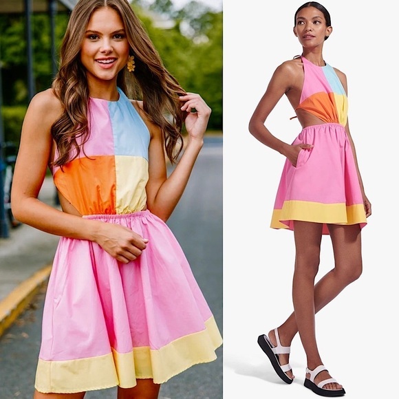 STAUD Colorblock Sleeveless Cutout Halter Neck Open Back Flare Skirt Dress S - Picture 1 of 10